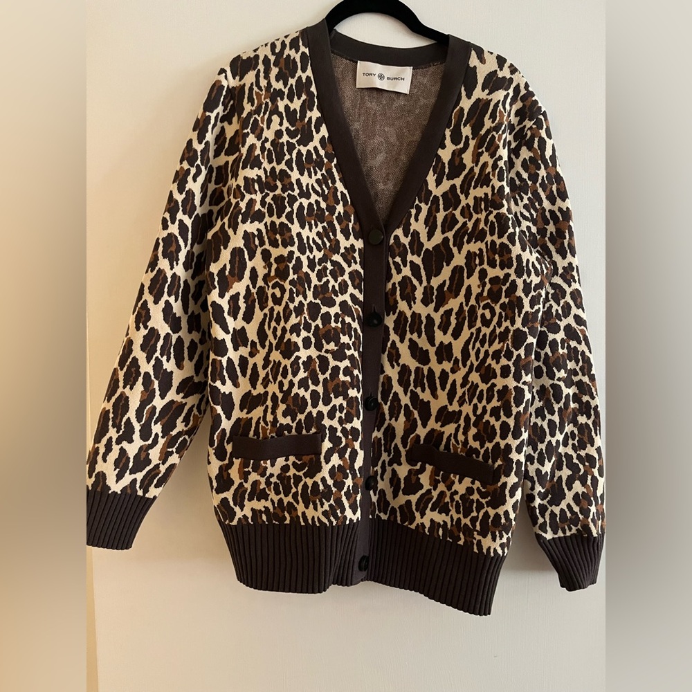 Tory Burch Reva Leopard Print Cardigan Sweater